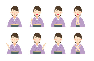 着物を着た女性が案内している表情のセット
