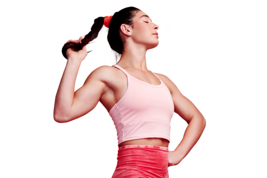 Fitness, strong and ponytail with a sports woman isolated on a transparent background for health or wellness. Exercise, body and muscle with a young female athlete standing on PNG for training