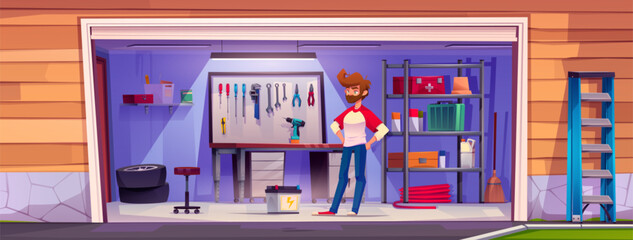 Young man stands at entrance to garage with rack and wall board for storage, working tools, and car repair elements. Cartoon vector illustration of carport and storeroom interior with instruments.