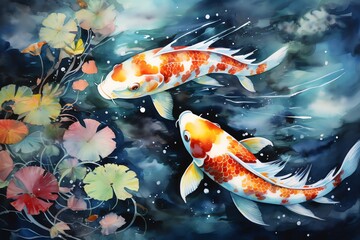 Koi fish in the pond with beautiful flowers. Digital painting - obrazy, fototapety, plakaty
