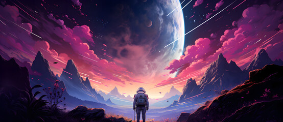 On a deserted planet, an astronaut stared alone at a huge planet 4 - obrazy, fototapety, plakaty