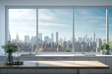 Fototapeta na wymiar Luxury kitchen interior with white marble countertop, sink and window with panoramic view