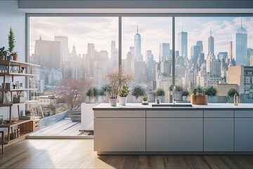 Luxury kitchen interior with white marble countertop, sink and window with panoramic view