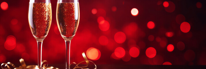 Two glasses of champagne on red background with lights bokeh.