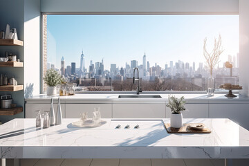 Luxury kitchen interior with white marble countertop, sink and window with panoramic view