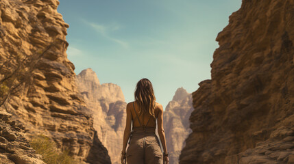 A young woman alone in nature seen from behind - obrazy, fototapety, plakaty
