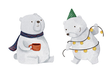Polar bear with christmas costume . Watercolor paint cartoon characters . Isolated . Set 4 of 8 . Vector .