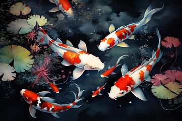 Koi fish in the pond with beautiful flowers. Digital painting
