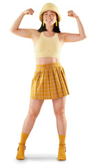 Strong Asian woman, portrait and fashion style with yellow clothes, beauty and confidence. Retro, edgy and gen z female model person with streetwear aesthetic isolated on transparent, png background