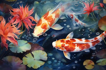 Koi fish in the pond with beautiful flowers. Digital painting