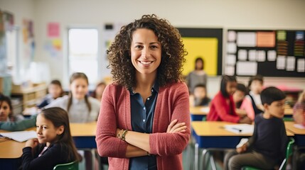 Happy smiling middle aged woman elementary or junior school female teacher standing in the classroom looking at camera. - obrazy, fototapety, plakaty