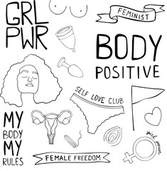 Collection of black contour vector illustrations of feminism. Slogans and the female body. Line art. Design elements. Hand drawn.
