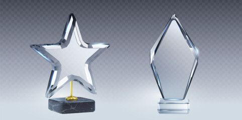 Glass trophy star and rhombus mockup with empty transparent acrylic shape on base. Realistic vector set of plexiglass award for sport competition winner or business achievement and recognition prize. - obrazy, fototapety, plakaty