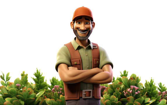 Lenny the Landscaper Man in Front of Grass 3D Character Isolated on Transparent Background PNG.