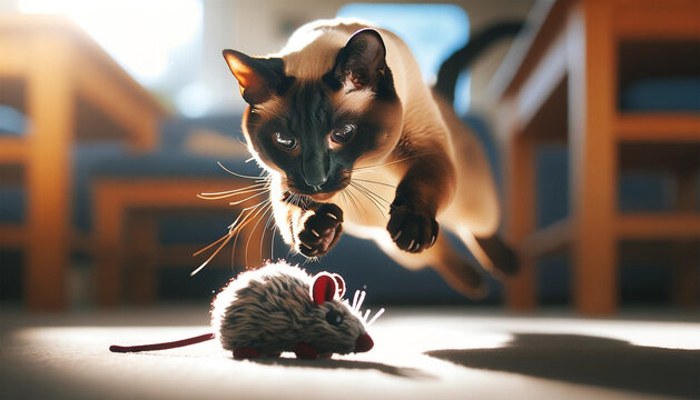 A siamese cat is pouncing energetically on a moving toy mouse