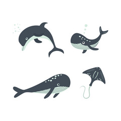 A set of cute marine animals - a whale and a sperm whale, a dolphin and a stingray. Vector illustration.