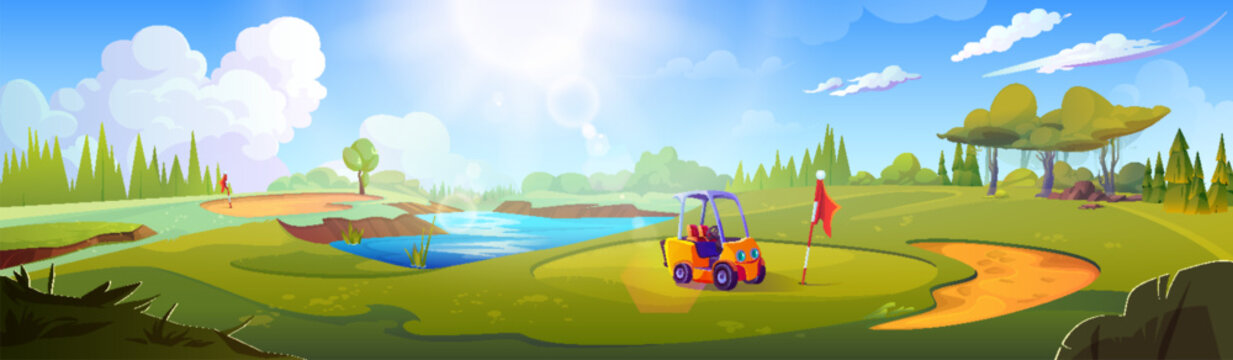 Cartoon golf field with green grass hills, sandy areas and water lake. Vector summer or spring sunny day landscape with cart near hole with flag on golfcourse. Lawn with greenery and sport equipment.