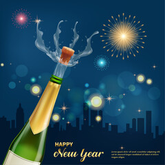 Blue vector background with flying champagne bottles and city silhouette