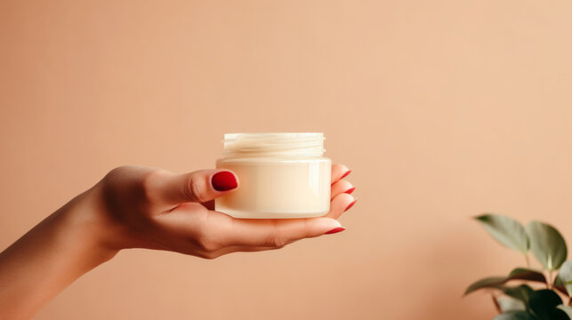 Close Up Of Hand Holding A Jar Of Cosmetics Product. Skincare Hygiene Moisturiser