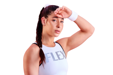 Fatigue, sweaty or portrait of tired woman on break in fitness training, wellness exercise or workout. Serious face, relax or healthy female sport athlete rest on isolated, transparent png background