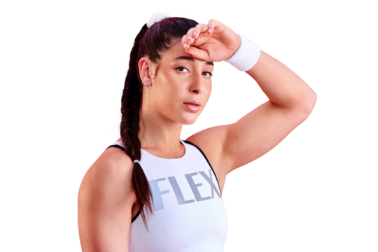 Fatigue, sweaty or portrait of tired woman on break in fitness training, wellness exercise or workout. Serious face, relax or healthy female sport athlete rest on isolated, transparent png background