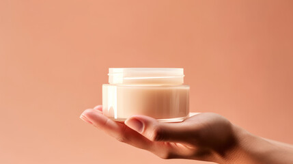 Close up of hand holding a jar of cosmetics product. Skincare hygiene moisturiser - obrazy, fototapety, plakaty