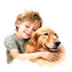 watercolor child hugs golden dog , watercolor illustrations