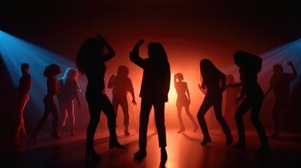80s disco, people dancing, silhouette style lighting background.