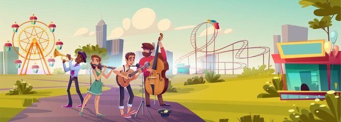 Street musician band playing musical instruments and singing in city amusement park. Cartoon outdoor performance - young people play guitar, contrabass, flute and trumpet and collect money in hat.