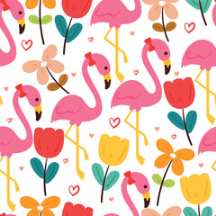 seamless pattern cartoon flamingo with flowers. cute illustration design. animal pattern for gift wrap paper
