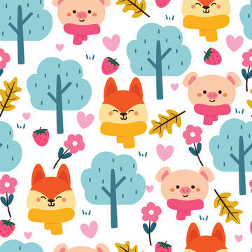 seamless pattern cartoon fox and pig with plant and flowers. cute illustration design. animal pattern for gift wrap paper