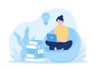 Woman studying learning book using laptop concept flat illustration