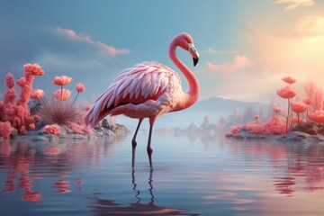 Pastel flamingo in a minimalist wetland, inviting viewers to connect with nature's beauty in calming pastels, Generative AI