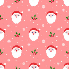 Cute Santa face with holly on a pastel pink background with snowflakes. Seamless Christmas pattern