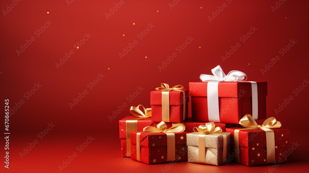 Wall mural gift boxes on red background. christmas and new year concept.