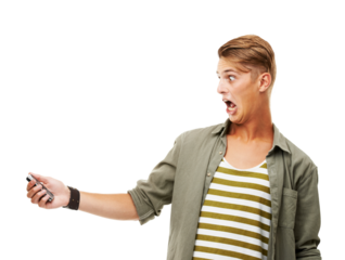 Man, shocked and scared face with phone for scam, phishing and social media hack on isolated, png and transparent background. Surprised, wow and mobile technology with fraud notification or app error