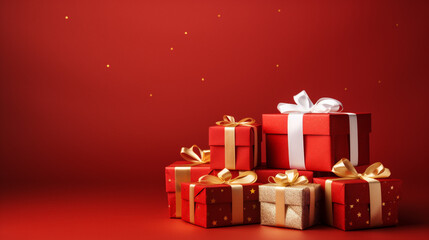 Gift boxes on red background. Christmas and New Year concept.