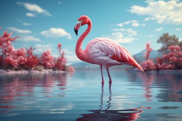 Pastel flamingo wading in shallow waters, inviting viewers to find tranquility in vibrant pastels, Generative AI