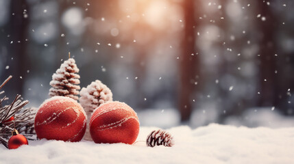 Fototapeta na wymiar Christmas background with red christmas balls, pine cones and snowfall