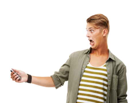 Man, shocked and scared face with phone for scam, phishing and social media hack on isolated, png and transparent background. Surprised, wow and mobile technology with fraud notification or app error
