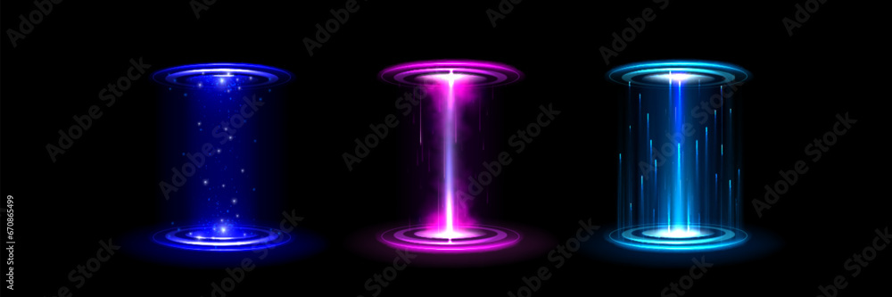 Poster round neon hologram portal with glowing light effect. realistic vector illustration set of game futu