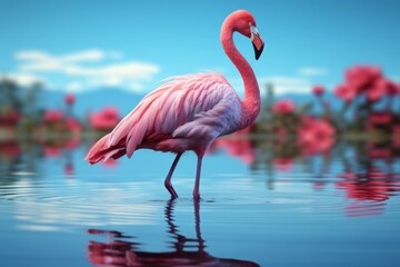 Fototapeta premium Pastel flamingo with a reflective stance, evoking a sense of calm and introspection in gentle pastel tones, Generative AI