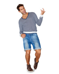 Fashion, fun and air guitar with a man joking isolated on a transparent background for playful...