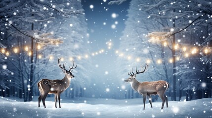 On dark, a Christmas card with magic deers, white ornaments, and garland lights. Wonderful winter holiday card. The concept of the Christmas holiday.