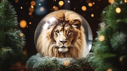 Greeting card for Christmas or New Year. Glass translucent ball with a golden lion inside...