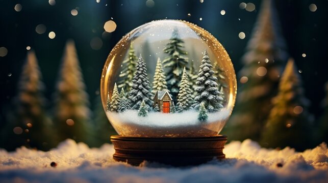 Greeting card for Christmas or New Year. Inside is a glass clear ball camle with colorful Christmas trees all around on snow covered moss with a winter forest in the background. Christmas vacation.