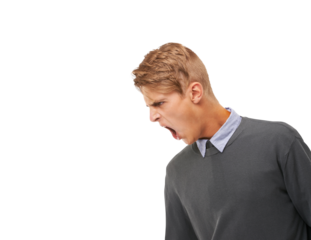 Business, screaming and man with anger, stress and employee isolated against a transparent background. Male person, entrepreneur and model shouting, angry and yelling with png, furious and burnout