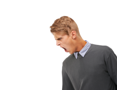 Business, screaming and man with anger, stress and employee isolated against a transparent background. Male person, entrepreneur and model shouting, angry and yelling with png, furious and burnout