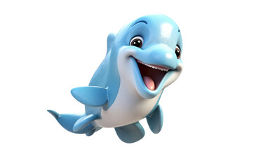 Smiling Shiny Blue and White Dolphin Fish 3D Cartoon Isolated on Transparent Background PNG.