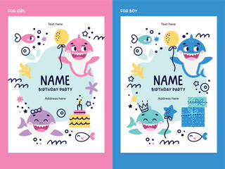 Baby Shark Birthday cute vector marine colorful invitations with fish, wave, algae, star, bubble, rainbow, gift, cake